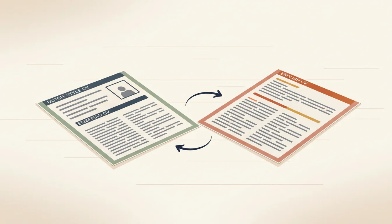 Twee A4-cv-pagina's naast elkaar: links een Nederlands cv met fotoplaatshouder en datumvelden, rechts een Engelse versie zonder foto en met kortere structuur
