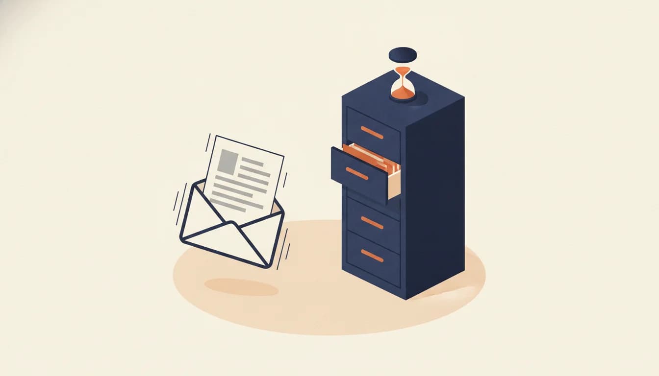 Een envelop met een cv-pagina glijdt in een grote archiefkast met lades, waarvan één la half openstaat met een oranje label en een kleine zandloper ernaast