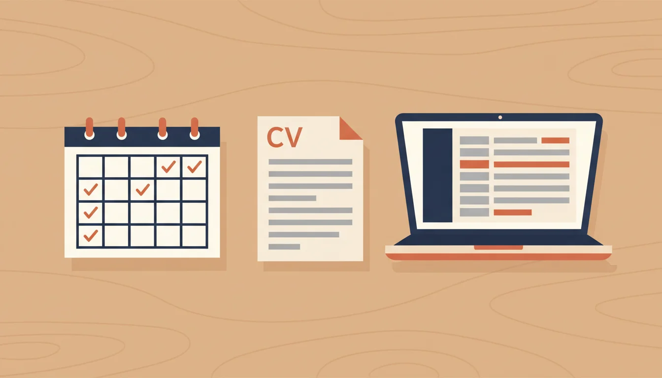 Vierwekenkalender met vier vinkjes naast een cv-document en een laptopscherm dat de Werkmap toont