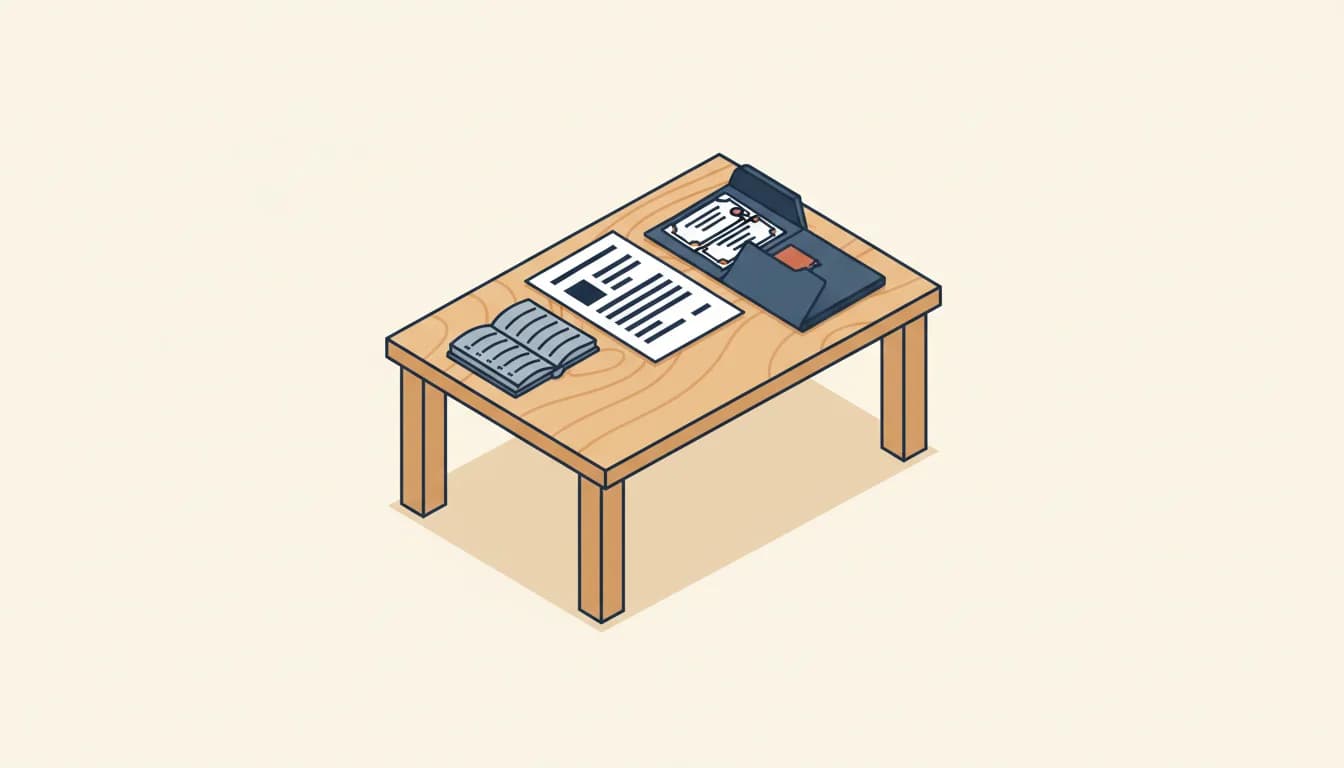 Bureau met een cv, een opengeklapte certificeringsmap en een notitieboek met genummerde aantekeningen