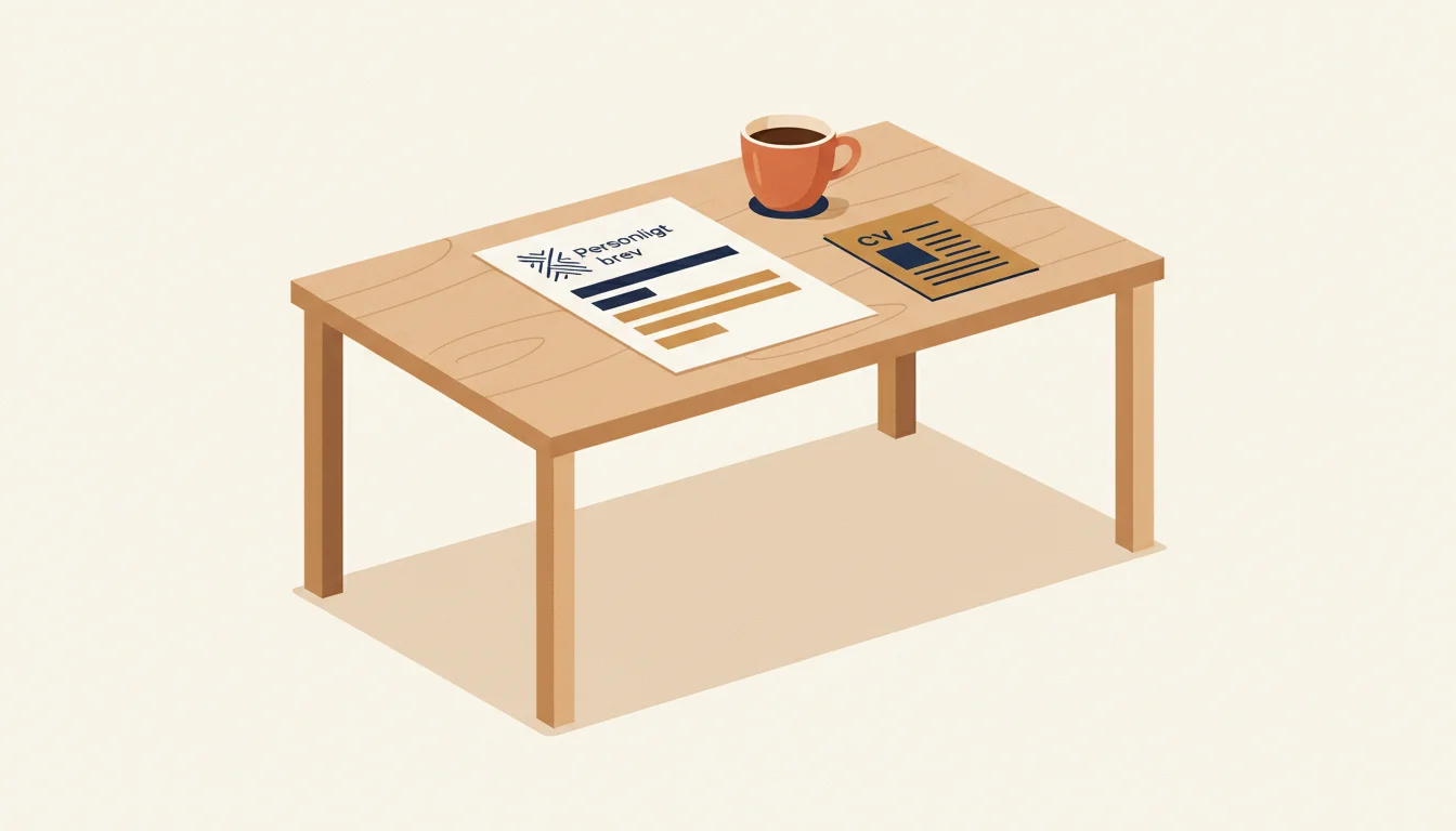 Skrivbord med ett personligt brev i tre tydliga stycken bredvid en kaffekopp och ett utskrivet CV