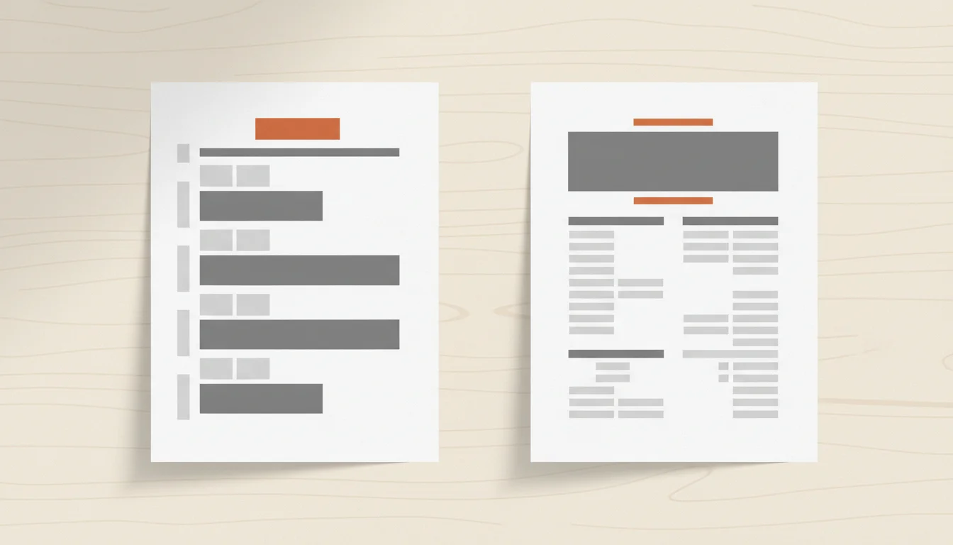 Två CV-sidor bredvid varandra på ett skrivbord, den ena med kronologiska datumblock och den andra med kompetensrubriker