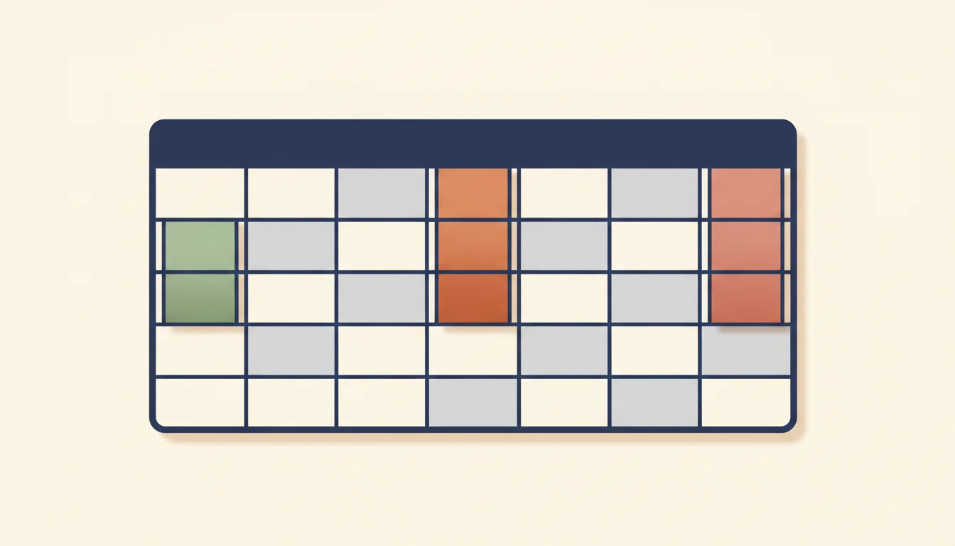 Stiliserad veckokalender med tre färgade tidsblock på måndag, onsdag och fredag