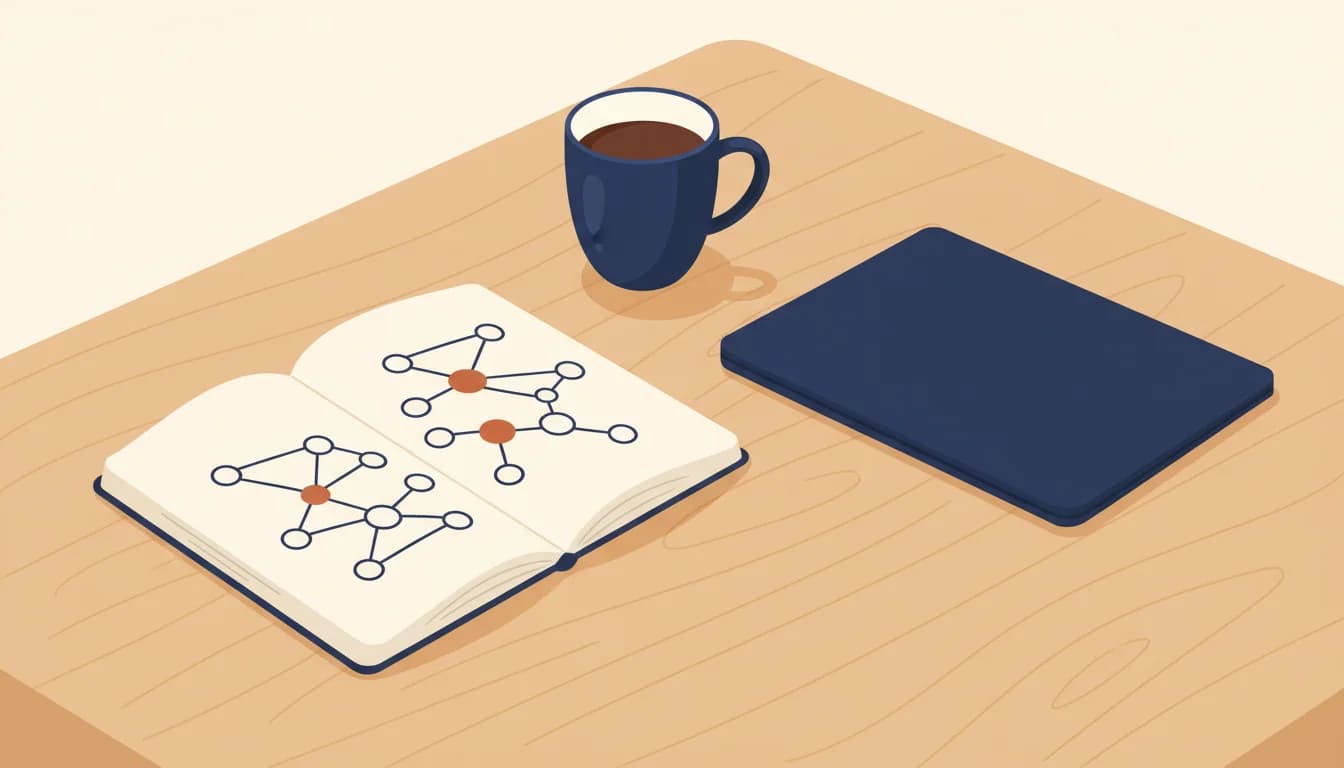 Skrivbord med en öppen anteckningsbok där en handritad nätverkskarta med cirklar och linjer syns, en kaffekopp och en stängd laptop i bakgrunden