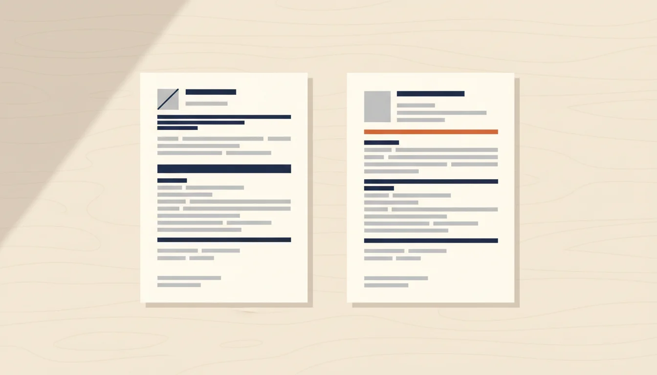 Två CV-sidor sida vid sida, ena med en fotoplatshållare överkryssad och den andra utan foto med en ren rubrik markerad i orange