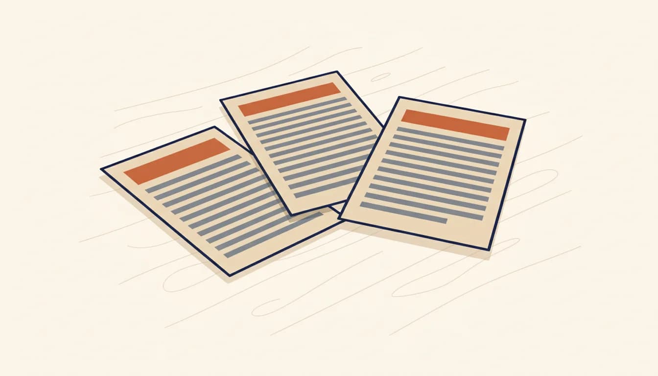 Tre stiliserade A4-sidor i en mjuk solfjäder, var och en med en orange accent som markerar inledningen — tre olika personliga brev