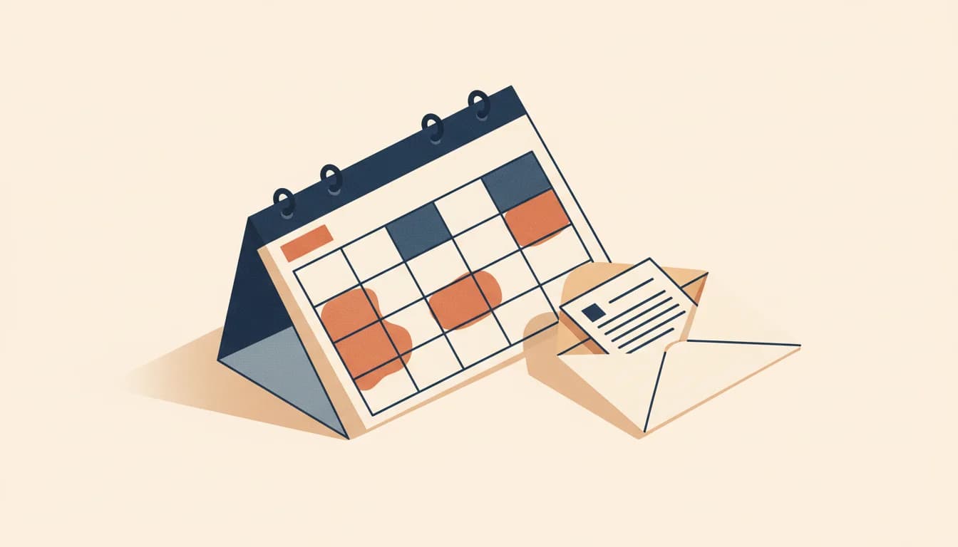 En stiliserad kalender med tre markerade tidsfönster och ett utgående kuvert bredvid